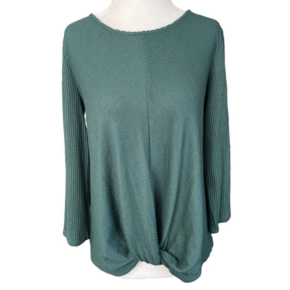 Anthropologie W5 Teal Green Quarter Sleeve Twisted Hem Front Knot Blouse